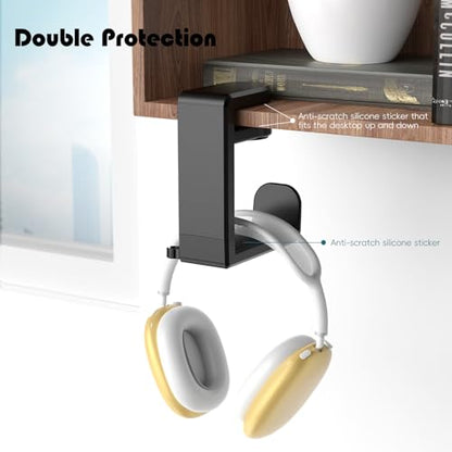 Rotating Headphone Hook - Under Desk Headphone Holder with 360-Degree Adjustable Rotation&Cable Clip Organizer - Black