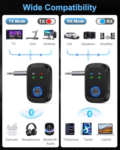 Aux Bluetooth 5.4 Adapter for Car, 2-in-1 Aux Bluetooth Transmitter and Receiver, Dual Link for 2 Headphones/AirPods, 12H Playtime, for PC, TV, Speaker, Airplane Travel
