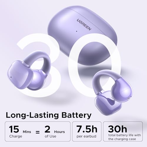 UGREEN HiTune S3 Open Ear Earbuds, Bluetooth 5.4, Clip on Earbuds, Purple | Lightweight, Comfort, Wireless Headphones ENC Clear Calls, 30H Playtime, IPX5 Waterproof, for Driving Running Workout Cycling - color: Purple