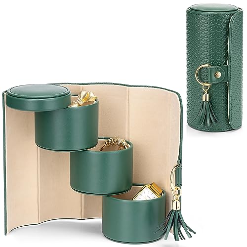 VLANDO Travel Jewelry Organizer, 3 Tier Roll Up Design, Hard Shell Storage | Stepped Sections Compartments Keep Jewelry Visible, Soft Lining Protect Pieces, Snap Closure, Travel Gift for Women Girl - color: Green
