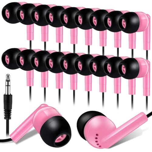 Kanayu 100 Pack Wired Earbuds Bulk for Classroom, 3.5MM No Mic,Pink | Student Headphones for School Library Laptop, Individually Bagged Earphones with Jack for Training and Group Learning - color: Pink