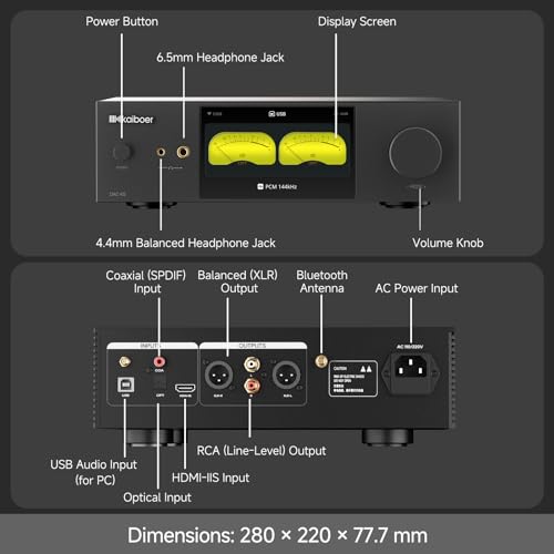 DAC-K5 HiFi DAC/AMP,Desktop Headphone Amplifier,Dual ES9039Q2M DAC,768kHz/32bit,DSD512,6.35mm+4.4mm,RAC,XLR Output,Coaxial, Optical, HDMI-IIS Input,Airplay,Bluetooth 5.4,WiFI6 | Spotify,Tidal Streaming,Dual ES9039Q2M DAC,Airplay,DLNA