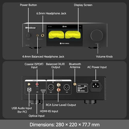 DAC-K5 HiFi DAC/AMP,Desktop Headphone Amplifier,Dual ES9039Q2M DAC,768kHz/32bit,DSD512,6.35mm+4.4mm,RAC,XLR Output,Coaxial, Optical, HDMI-IIS Input,Airplay,Bluetooth 5.4,WiFI6 | Spotify,Tidal Streaming,Dual ES9039Q2M DAC,Airplay,DLNA