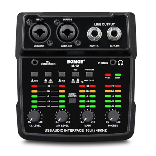 BOMGE M12 USB Audio Interface, 2-Channel Mixer, XLR/3.5mm Input, 48V Power Supply, Sound Card for PC Recording, Studio, Live Show, Karaoke, Plug&Play