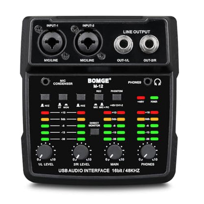BOMGE M12 USB Audio Interface, 2-Channel Mixer, XLR/3.5mm Input, 48V Power Supply, Sound Card for PC Recording, Studio, Live Show, Karaoke, Plug&Play