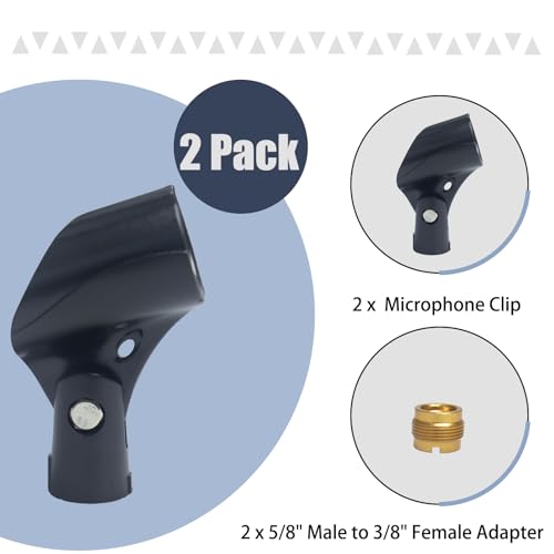 2-Pack Adjustable Microphone Clip Holder with 5/8" to 3/8" Adapter | universal mic stand fit, dynamic condenser compatible, mount clamp replacement, screw-on secure hold, studio and stage use