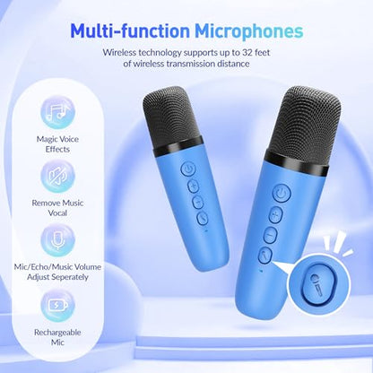 Karaoke Machine,Mini Portable Karaoke Speaker with 2 Wireless Microphones - color: Navy Blue