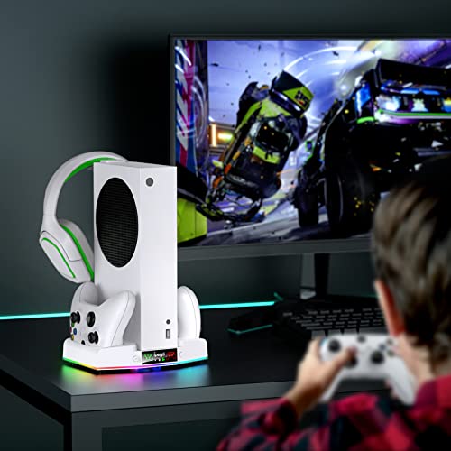 Upgraded Cooling Fan Stand for Xbox Series S with Charger Station | MENEEA Controller Charging Dock & Console Cooler System with 15 Colorful RGB Light & Headset Hook, Accessories for XSS