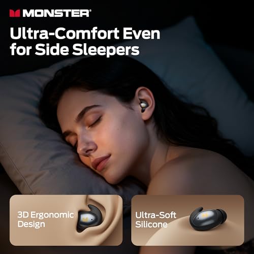 Monster Sleep Ear100 Ear Buds, Sleep Headphones with Stereo Sound, Design for Side Sleeper, 32H Playtime, Bluetooth 6.0, ENC Noise Cancelling, IPX6 Waterproof Mini Earbuds, Black