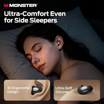 Monster Sleep Ear100 Ear Buds, Sleep Headphones with Stereo Sound, Design for Side Sleeper, 32H Playtime, Bluetooth 6.0, ENC Noise Cancelling, IPX6 Waterproof Mini Earbuds, Black