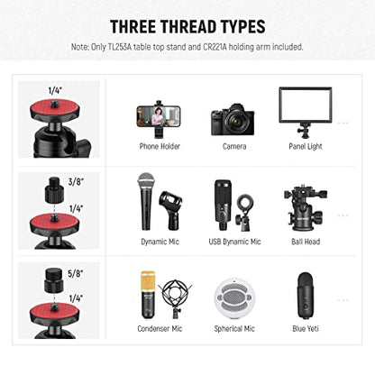 NEEWER Camera Desk Mount with Overhead C Amera Mounting Arm and 1/4" Ball Head, 17" - 41" Adjustable Tabletop Light Stand with C Clamp for DSLR Camera, Ring Light, Webcam, Photo Video Shooting - style: TL253A+CR221A