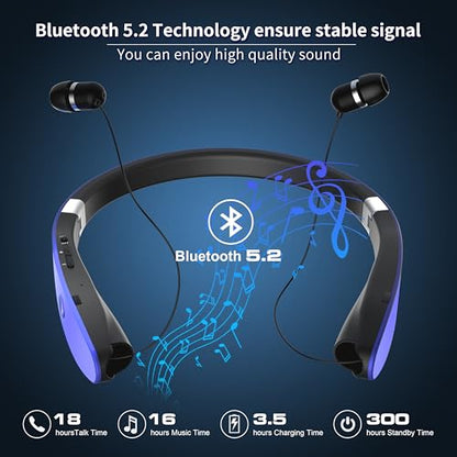AMORNO Foldable Bluetooth Headphones Wireless Neckband Headset with Retractable Earbuds, Sports Sweatproof Noise Cancelling Stereo Earphones with Mic - color: Purple