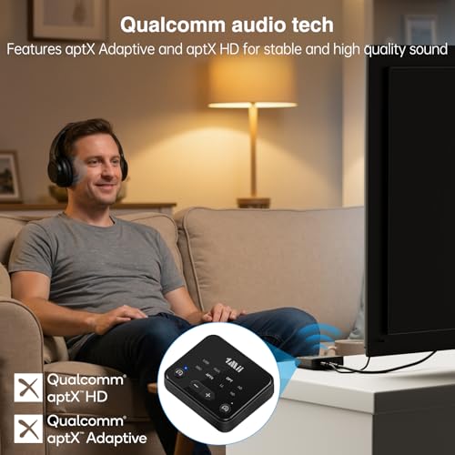 1Mii NightPair Bluetooth 5.3 Transmitter for TV to 2 Headphones/Speakers | aptX Adaptive & HD, Optical/AUX/RCA Audio Inputs, 100FT Long Range Bluetooth Adapter for Television with Volume Control