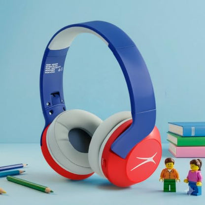 Altec Lansing Kid Safe Noise Cancelling Wireless Headphones 15H Battery, 85dB Volume Limit, Foldable Design Powerful Sound, Active Noise Cancellation Perfect for Kids Ages 7+ - color: Navy Blue Red