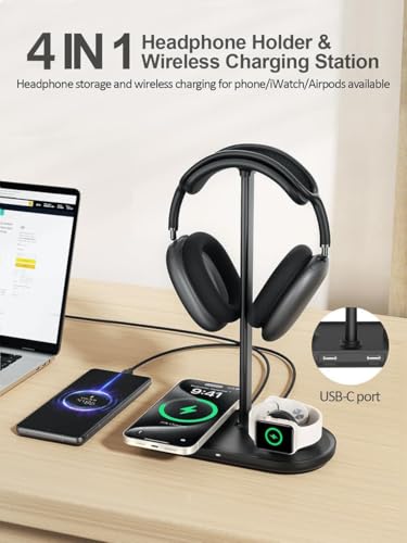 4 in 1 Headphone Stand, Airpod Max Charger Stand with 15W Wireless Charger | Headset Holder for AirPods Max 2/Pro/iWatch/Vision Pro, Charging for iPhone 17/16/15/14/13/12/11/X, Aluminum Alloy Rod, Black - color: Dark Black