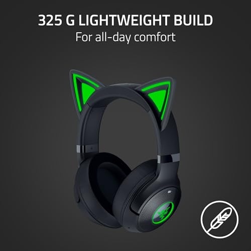 Razer Kraken Kitty V2 BT Wireless RGB Headset, Black | Chroma RGB Kitty Ears & Earcups, Bluetooth 5.2, 40 mm Drivers, Noise-cancelling Mics, Lightweight, USB-C, 40 Hr Battery - color: Black
