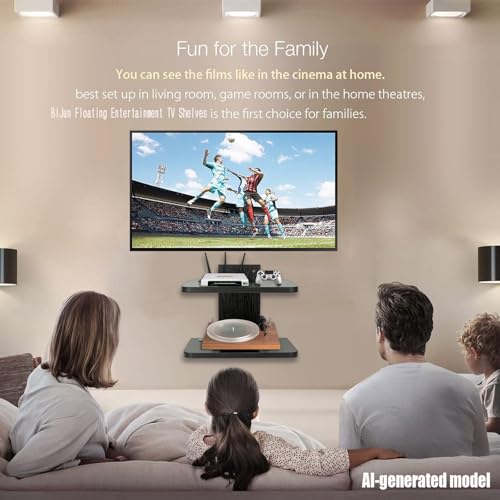 BiJun Projector Wall Mount, 2 Tier Black Floating TV Shelf