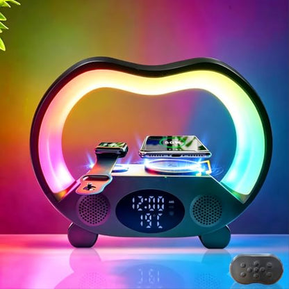 IHAO 6in1 Multi Functional Wireless Charger Bluetooth Speaker Time&Temperature Display Alarm Clock 7-Color LED Night Lights Fast Charger for Phone Apple Watch Earbuds Remote Control-Black - color: Wireless Charger Alarm Clock Zs932 Black