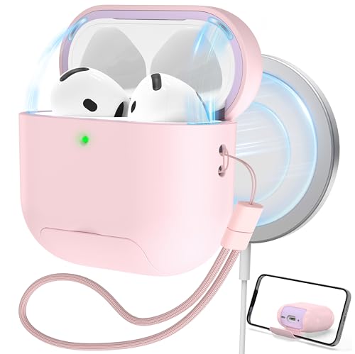 RFUNGUANGO AirPods 4 Case with Magnetic Lid Phone Stand, Pink | Compatible with AirPods Pro 4th Generation, Wireless Charging Compatible with Cleaning Kit & Lanyard - color: A-WCW-Pink, size: AirPods 4 Case