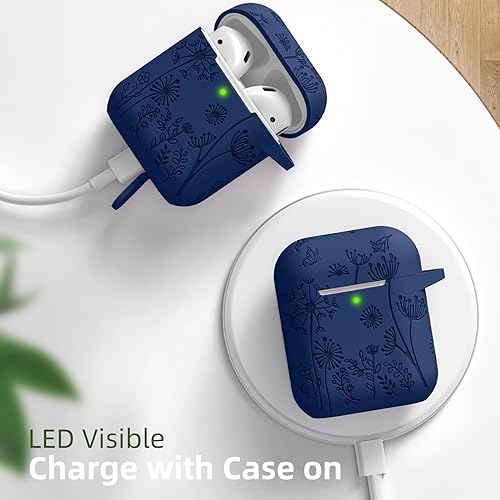 Lerobo for AirPod Case 2nd/1st Generation with Keychain | Flower Engraved Silicone Protective Cover for AirPods 2 Case, Wireless Charging, Led Visible, One-piece Design, Midnight Blue - color: Midnight Blue