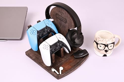 Personalized Wood Gaming Headset and Controller Stand for Desk - Headphone Controller Stand Wood Gift for Gamer - Custom Wooden Gaming Headset Stand (Walnut - PLAIN)