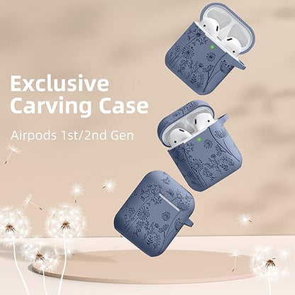 Lerobo for AirPod Case 2nd/1st Generation with Keychain for Women Girl | Flower Engraved Soft Silicone Shockproof Cover for AirPods 2 Case, Wireless Charging, Scratchproof, One-piece Design - color: Blue Gray