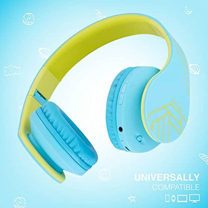 PowerLocus Kids Headphones Over-Ear, Bluetooth Wireless Headphones for Kids,with Microphone, Safe 85DB Volume Limited, Foldable with Carry Case, Audio Cable, Micro SD mode for Online Classes,PC,Phones - color: Blue/Green