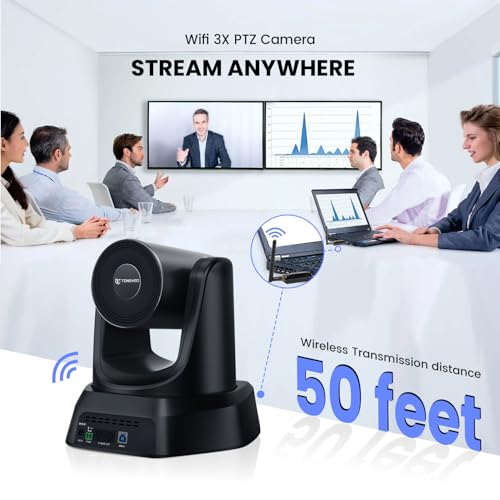 TONGVEO Wireless AI PTZ Camera with Auto-Tracking: Built-in 5.8GHz Receiver for Cable-Free Setup, 1080P 60fps 3X Zoom Conference Camera for Church Services, Online Classes & Hybrid Meetings - color: Coal