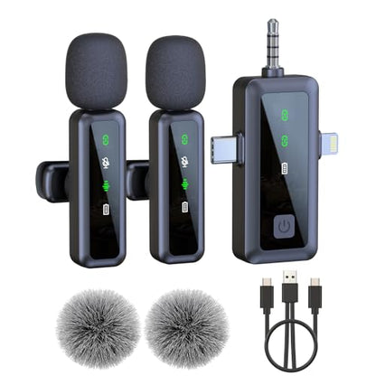 Wireless Mini Microphone for iPhone - 2 Pack Lavalier Microphone for Video Recording, 3-in-1 Noise Reduction Lapel Mic for Ipad, Android, Clip-on Mic for Content Creators Podcast