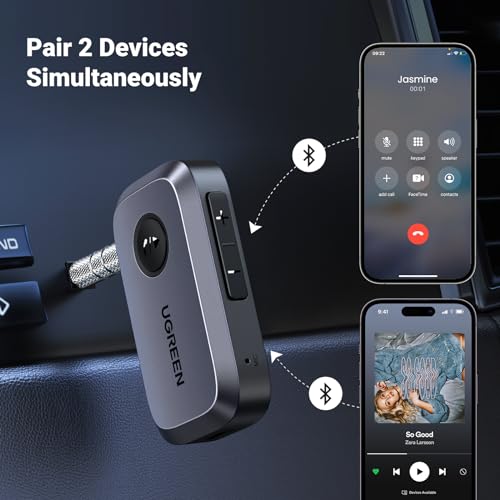 UGREEN 5.4 Aux Bluetooth Adapter, Noise Cancelling 3.5mm AUX Bluetooth Car Adapter, Wireless Audio Receiver for Home Stereo/Wired Speaker, 15H Battery Life - color: Grey