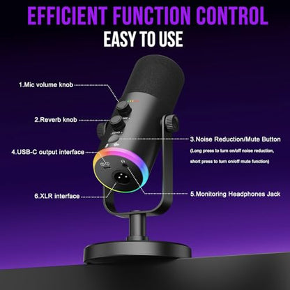 Dynamic Microphone, USB-C/XLR Podcast Recording PC Microphone for Podcast Recording Streaming Gaming with RGB Light, Mute Button, Desktop Stand, Headphones Jack, Vocal Mic for Singing Tiktok YouTube