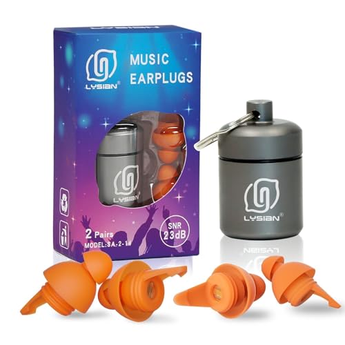 LYSIAN High Fidelity Concert Ear Plugs, 23dB, 2 Pairs with Case, Orange | Reusable soft musician earplugs for concerts, festivals & raves; 23dB noise reduction, 2 pairs with aluminum case - color: Orange