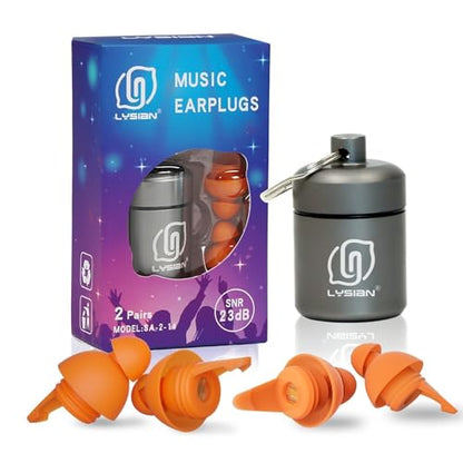 LYSIAN High Fidelity Concert Ear Plugs, 23dB, 2 Pairs with Case, Orange | Reusable soft musician earplugs for concerts, festivals & raves; 23dB noise reduction, 2 pairs with aluminum case - color: Orange