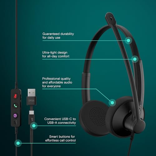 EPOS Impact 100 MS Stereo USB-C+A Headset with Microphone, Certified Microsoft Teams, Noise-Cancelling Mic, Lightweight, Call Control, USB Adapter, Soft Earpads, Professional UC Headphones