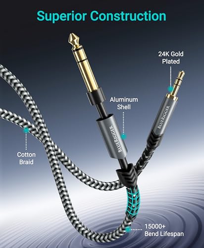 BlueRigger 3.5mm to 6.35mm Audio Cable (10FT, Bi-Directional, 3.5mm 1/8" Male TRS to 6.35mm 1/4" Male TRS, Braided Stereo Audio Cable for Cellphone, Amplifiers, Guitar, Speaker - size: 10FT