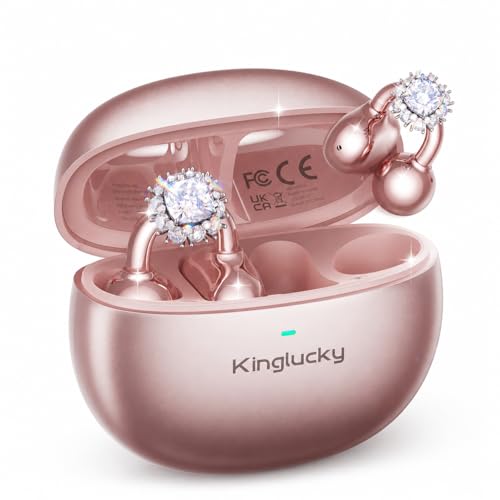 Kinglucky Clip-On Open Ear Earbuds with Detachable Diamond Earrings, Bluetooth 5.4 Open Ear Wireless Headphones for Women, 40H Playtime, Comfortable Small-Ear Fit, Rose Gold - color: Pink