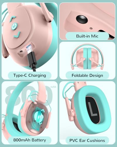 Kids Noise Cancelling Headphones, Sound Proof Ear Protection, 29dB SNR Noise Reduction Bluetooth 6.0 Earmuff, 94dB Lock - 80H Playtime, Hearing Protection for Autism, Shooting Gun Range Mowing (Pink) - color: Pink