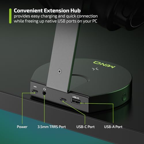 MINQ RGB Ring Shape Headphones Stand for Desk - Wireless Phone Charger Stand - Gamer Headset Stand, Airpod Max Stand - USB, USB C Charging & Aux - Perfect Gaming Accessories - Black