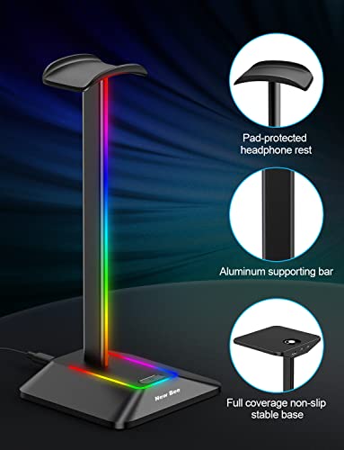 New Bee Headphone Stand with RGB Lighting, Sturdy Aluminum Gaming Headset Holder with USB-C & USB Charging Ports, Stable Desktop Earphone Stand for All Headphones Size, Black | USB-C & USB Charging Ports, Stable Desktop Earphone Stand for All Headphones S