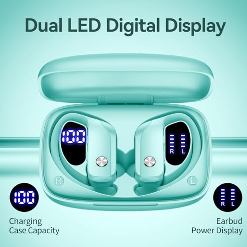 bmani Ear Buds Wireless Earbuds Bluetooth Headphones with 80H Playtime LED Display Case, Over-Ear Hook with Mic, Stereo Sound, Easy Button Controls, Sports Earphones for Running Workout Gym Mint Green - color: Mint Green, style: Standard