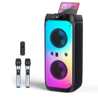 600W Peak Extra-Large Party Speaker with 2 Wireless Microphones, Big Bluetooth PA Speaker with Deep Bass, Dual 10" Woofers, 3.5" Tweeters & LED for Backyard Parties, BBQs, Camping & Outdoor - color: CHARCOAL BLACK
