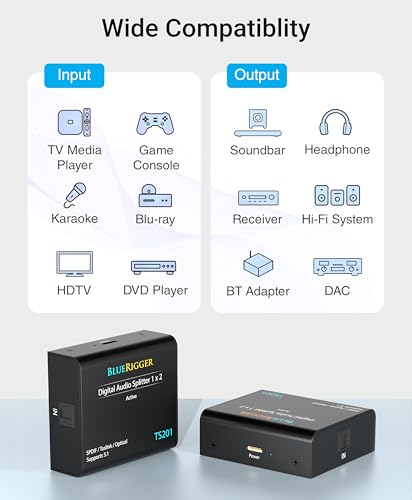 BlueRigger Digital Optical Audio Splitter (1x2 Active Toslink Splitter) - size: 1x2, style: Active