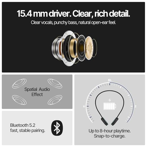 Open Ear Bluetooth Headphones Air Conduction Neckband – ENC Clear Calls, All-Day Battery, Glasses-Friendly, Sweat-Resistant, Bluetooth 5.2 for Work & Sports