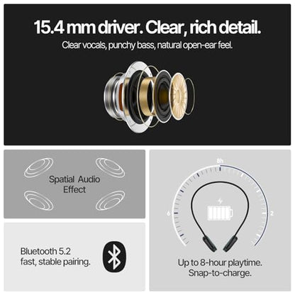 Open Ear Bluetooth Headphones Air Conduction Neckband – ENC Clear Calls, All-Day Battery, Glasses-Friendly, Sweat-Resistant, Bluetooth 5.2 for Work & Sports