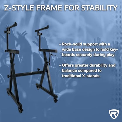 Rockville Z45W Dual Tier Keyboard Stand, Adjustable Height 26"-38", Width 23.4"-34", 250 lb Capacity, Lockable Wheels, Ideal for Digital Piano, Synths, and DJ Gear, Includes Travel Bag