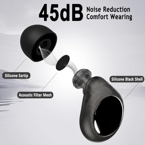 45dB Reusable Silicone Noise Reduction Ear Plugs | For Sleeping, Concerts, Airplane Travel, Side Sleepers, 6 Replacement Ear Tips, Obsidian Color