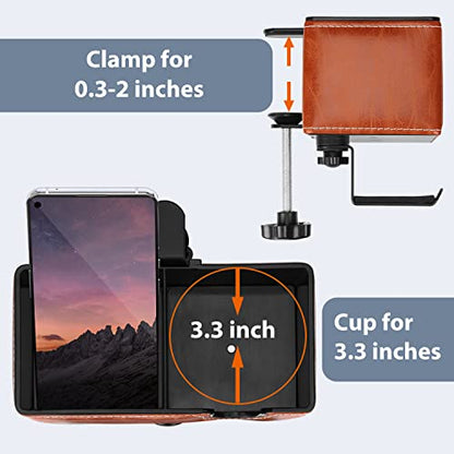 Under Desk Cup Holder Clamp on Cup Holder PU Leather Clip on Desk Organizer | Desk organizer with pencil holder clamp on side, under desk hanging organizer, clip on cup holder desk phone stand holder PU - color: Light Brown