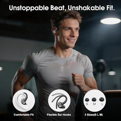 Wireless Sports Earbuds with Secure Earhook, 48H Deep Bass/ENC Mic Ear Buds | Wireless Earphone with LED Display, Bluetooth 5.3 Headphones In Ear, IPX7 Waterproof Over Ear Buds for Running/Workout - color: Black
