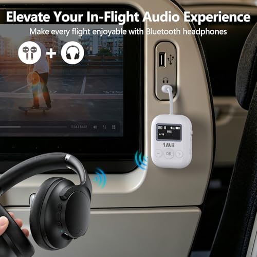 1Mii SafeFly Min Airplane Bluetooth Adapter for 2 AirPods or Headphones | aptX Adaptive & HD Hi-Fi Sound, Display Screen, 25H Battery, 3.5mm AUX Wireless Audio Transmitter for Flight Travel, TVs, Gym