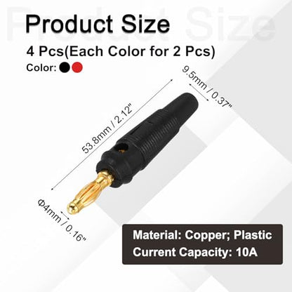 MECCANIXITY 8 Pcs 4mm Banana Plugs, 20A 9.5mm OD 53.8mm Length Speaker Wire Cable Plug Connectors, Banana Jack Connector for Speaker Wire Audio Cable, Black&Red